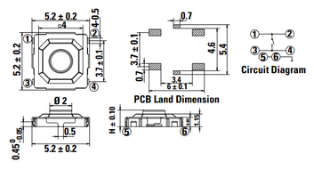 Datasheet specification for button footprint. Ground pins are symmetrical and aligned with long axis of other pins